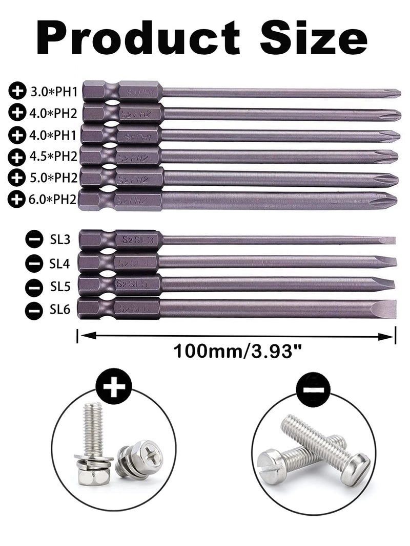 Rocaris 10pcs 1/4 Inch Hex Shank Long Magnetic Screwdriver Bits Set 4 in Power Tools (Slotted+Cross Head) - Image 2