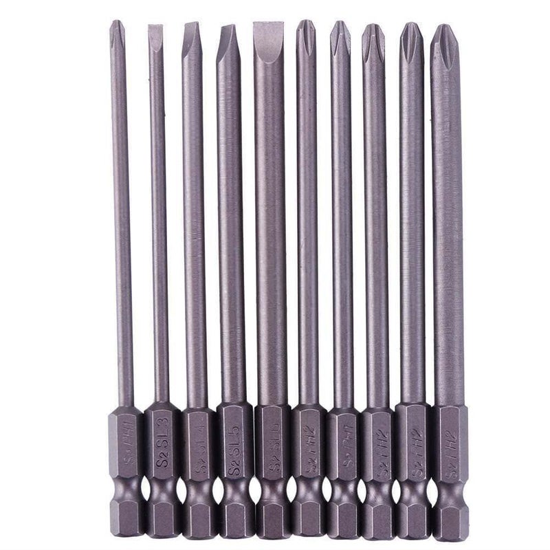 Rocaris 10pcs 1/4 Inch Hex Shank Long Magnetic Screwdriver Bits Set 4 in Power Tools (Slotted+Cross Head) - Image 1