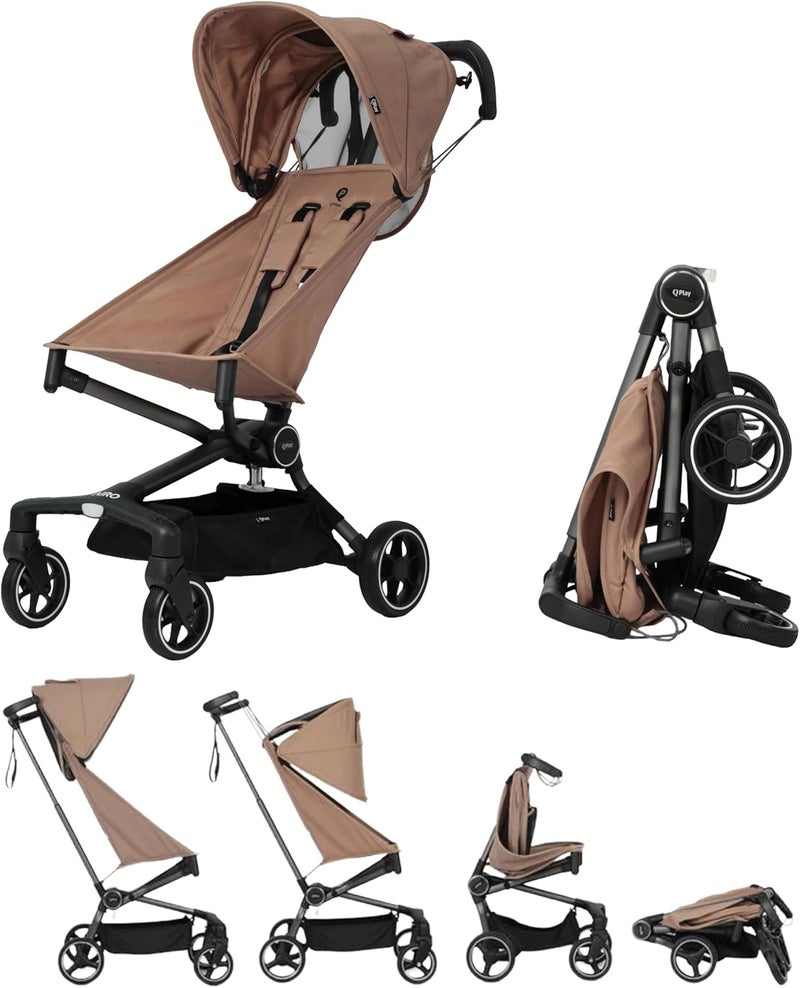 QPlay Airo Stroller, Lightweight Foldable Baby Stroller for Travel, Ultra Compact &Portable, Adjustable Recline, 5-Point Harness, One-Touch Brake, Sun Canopy, Ultra-Light Aluminium Frame, 6M-4Y, Brown - Image 1