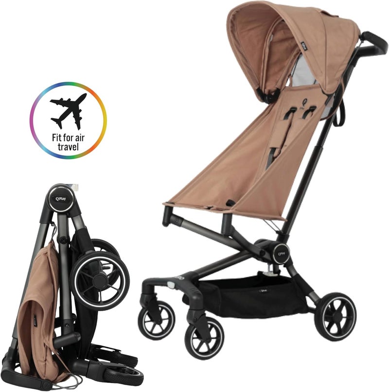 QPlay Airo Stroller, Lightweight Foldable Baby Stroller for Travel, Ultra Compact &Portable, Adjustable Recline, 5-Point Harness, One-Touch Brake, Sun Canopy, Ultra-Light Aluminium Frame, 6M-4Y, Brown - Image 3