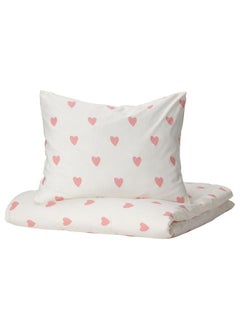 Zaboon Duvet Cover And Pillowcase, Heart Pattern White/Pink, 150X200/50X80 Cm  - Image 1