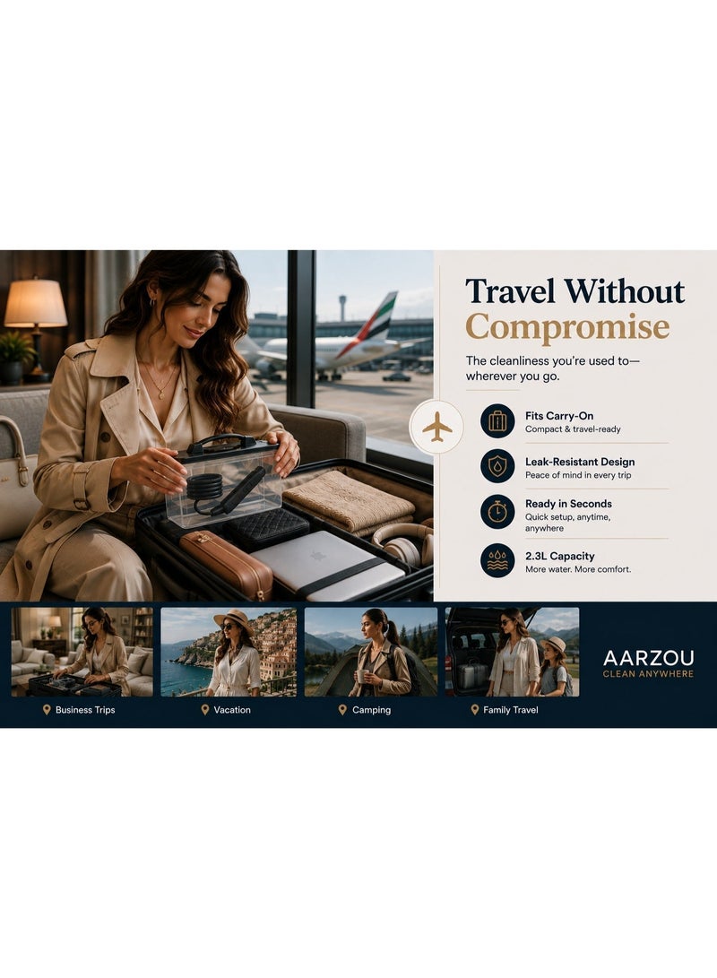 أرزو طقم بخاخ بيديه محمول مع خزان مياه سعة 2.3 لتر - قابل لإعادة الشحن، سهل الحمل، بتصميم قابل للطي - منظف صحي شخصي للمسلمين والأطفال وكبار السن - غسالة مرحاض كهربائية - Image 5
