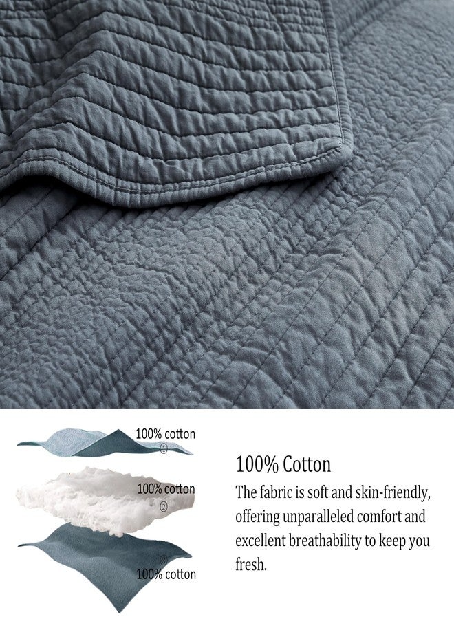 palassio Striped Blue Grey 100% Cotton Quilt King Size Bedding Sets, Lightweight Crinkly Channel Pick Stitch Textured Bedspread Soft Shabby Chic Farmhouse Country Coverlet for All Season, 2 Shams - Image 4