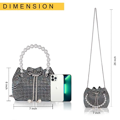 DOSYSO Rhinestone Bucket Bag Mini Evening Pearl Handle Handbags Clutch For Women Drawstring Crossbody Sling Bags with Chain Strap Stylish Potli Bags Ladies Purse for Party Wedding Bling (Multicolor) - Image 5