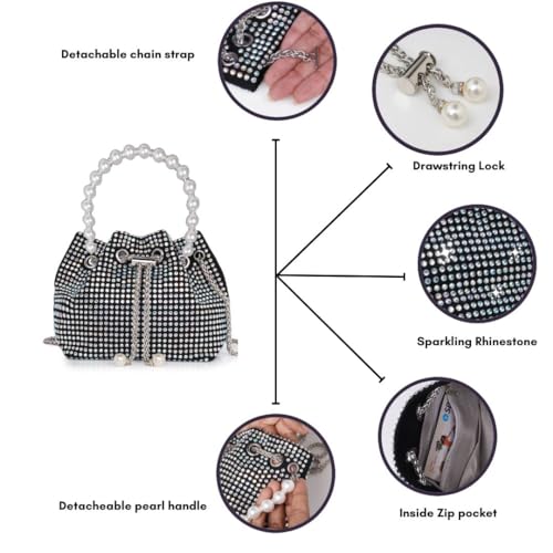 DOSYSO Rhinestone Bucket Bag Mini Evening Pearl Handle Handbags Clutch For Women Drawstring Crossbody Sling Bags with Chain Strap Stylish Potli Bags Ladies Purse for Party Wedding Bling (Multicolor) - Image 4