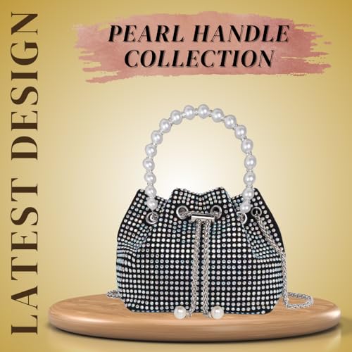 DOSYSO Rhinestone Bucket Bag Mini Evening Pearl Handle Handbags Clutch For Women Drawstring Crossbody Sling Bags with Chain Strap Stylish Potli Bags Ladies Purse for Party Wedding Bling (Multicolor) - Image 2