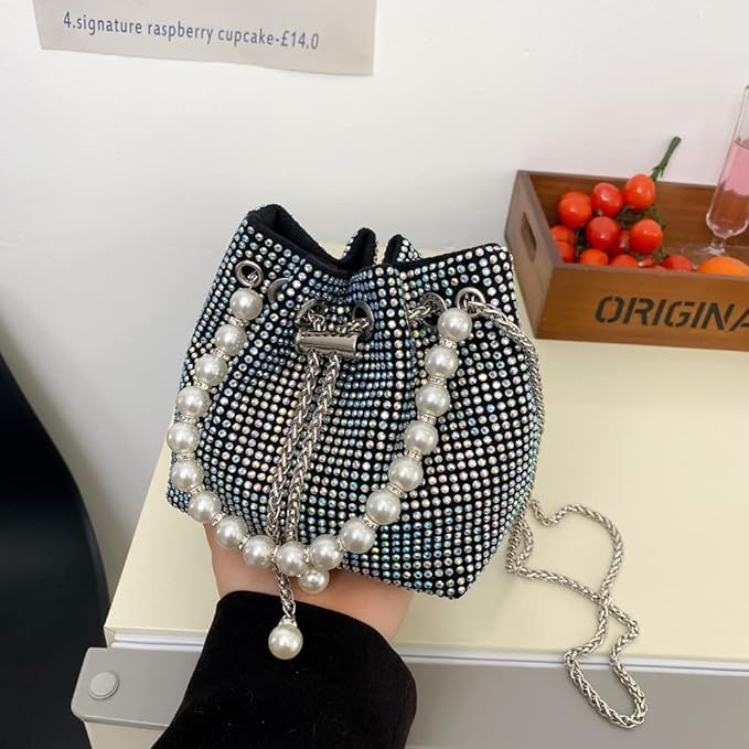 DOSYSO Rhinestone Bucket Bag Mini Evening Pearl Handle Handbags Clutch For Women Drawstring Crossbody Sling Bags with Chain Strap Stylish Potli Bags Ladies Purse for Party Wedding Bling (Multicolor) - Image 3
