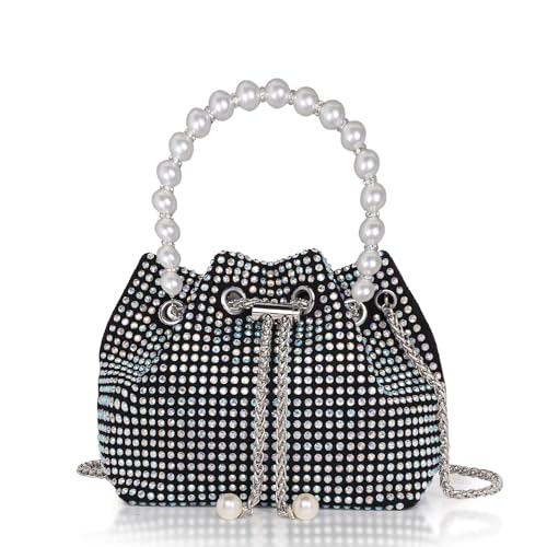 DOSYSO Rhinestone Bucket Bag Mini Evening Pearl Handle Handbags Clutch For Women Drawstring Crossbody Sling Bags with Chain Strap Stylish Potli Bags Ladies Purse for Party Wedding Bling (Multicolor) - Image 1