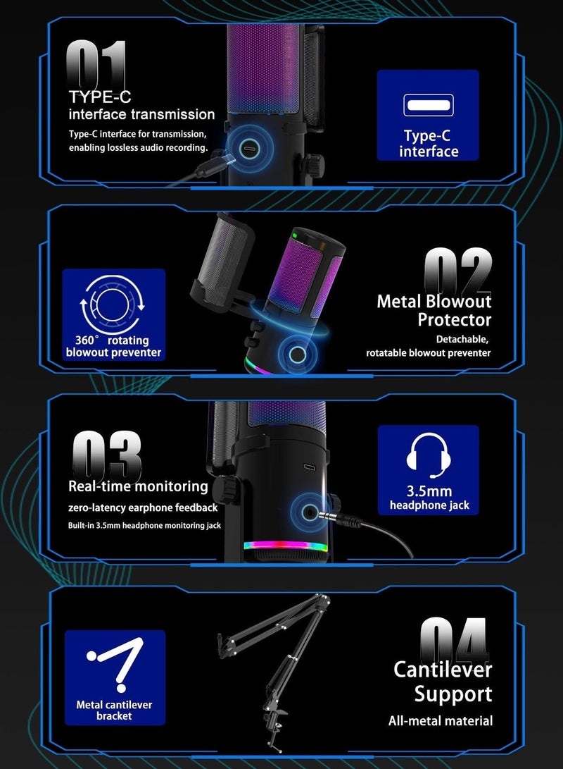 فلاشهوك ميكروفون ألعاب USB مع إضاءة RGB، وإلغاء ضوضاء للبث والبودكاست - Image 3
