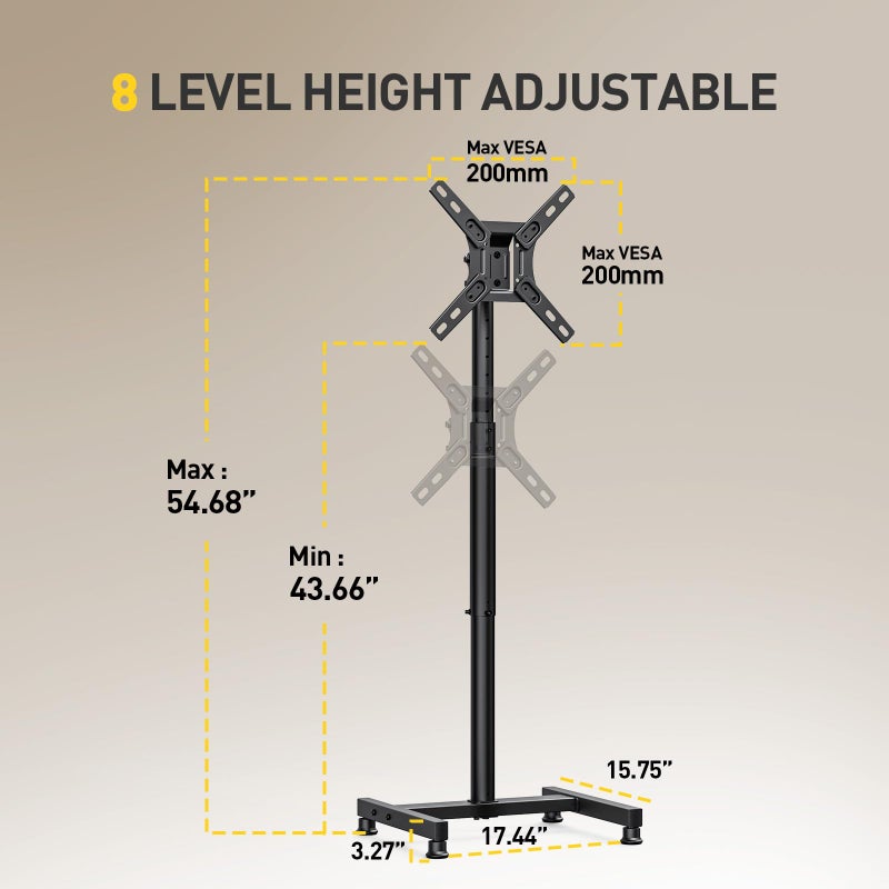 Alphamount AM alphamount TV Floor Stand for 13-43 inch Flat/Curved TVs up to 44 lbs, 8 Level Height Adjustable Monitor Floor TV Stand with VESA 200x200, Portable TV Mount Stand for Living Room, Bedroom, Office - Image 3