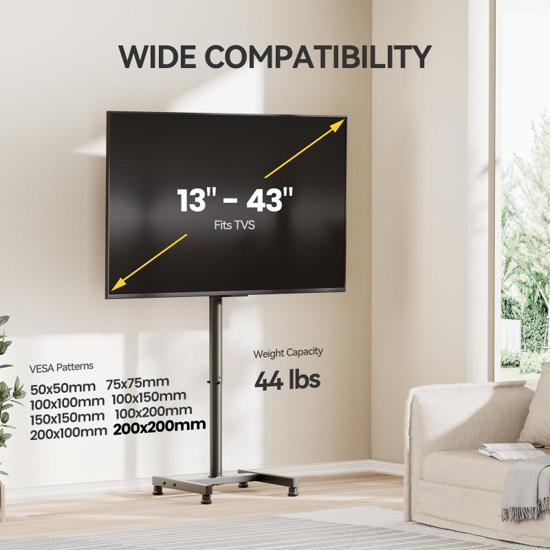 Alphamount AM alphamount TV Floor Stand for 13-43 inch Flat/Curved TVs up to 44 lbs, 8 Level Height Adjustable Monitor Floor TV Stand with VESA 200x200, Portable TV Mount Stand for Living Room, Bedroom, Office - Image 2