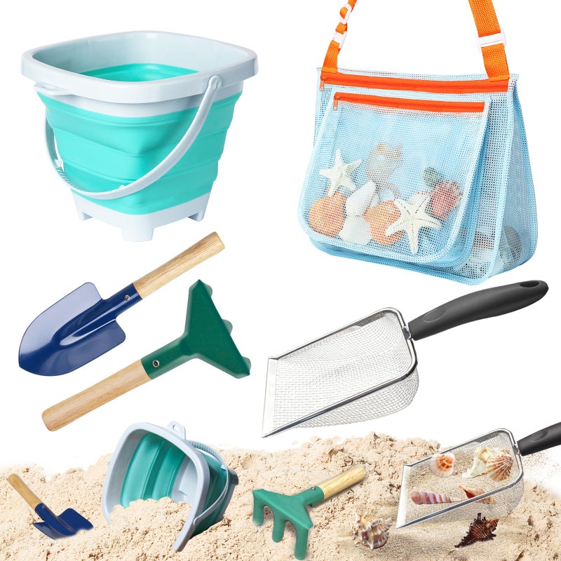 LIDAGO 5 Pcs Sand Toys Beach Set Include 1 Metal Shovel1 Metal Rake1 Foldable Beach Bucket 1 Sand Sifter with 1 Mesh Beach Bag for Shells Collecting - Image 2