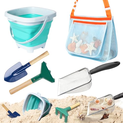 LIDAGO 5 Pcs Sand Toys Beach Set Include 1 Metal Shovel1 Metal Rake1 Foldable Beach Bucket 1 Sand Sifter with 1 Mesh Beach Bag for Shells Collecting - Image 1