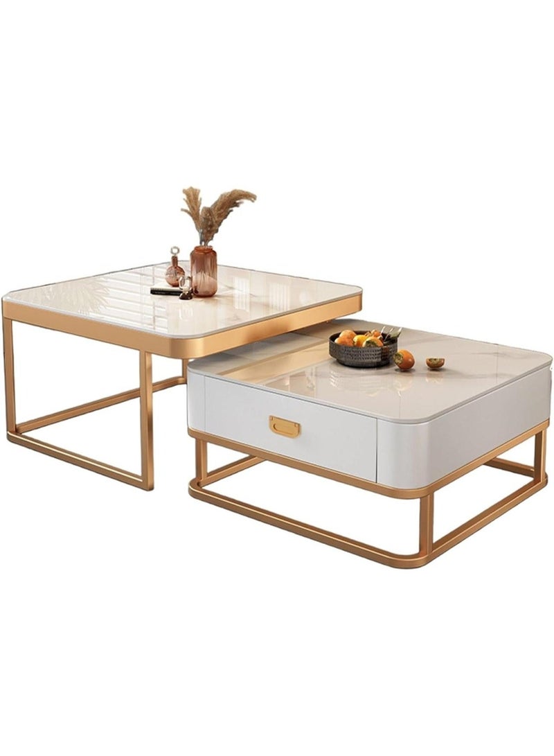 Nesting Coffee Table Set of 2, Nesting Tables with Tempered Glass and Drawer Storage - Image 1