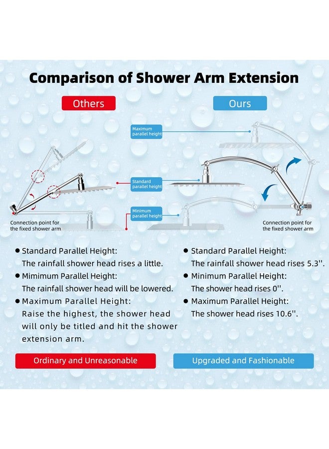 رأس دش هيبنت معدني بالكامل، مقاس 10 بوصات، رأس دش مربع، عصا دش يدوية عالية الضغط، ذراع تمديد دش على شكل قوس قابل للتعديل مقاس 16 بوصة، خرطوم 71 بوصة، حاملان لرأس الدش، كروم - Image 2