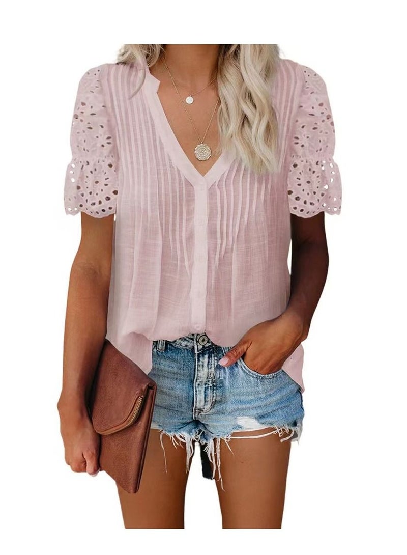 Loquat Summer New Women's Solid Color V-neck Pleated Lace Stitching Short Sleeve Shirt 