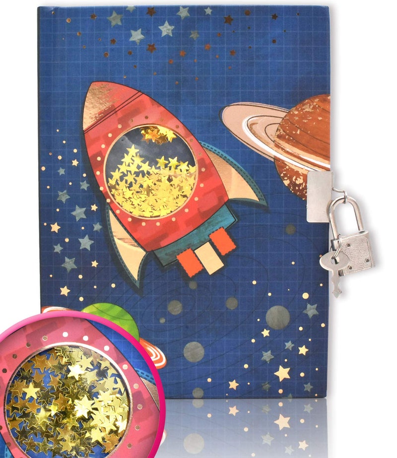 GINMLYDA Boys Diary with Lock for Kids Spacecraft Diaries 71x53 inches 160 Pages Cute Boy Journal Secret Notebook with Lock and Key for Little Kid Writing Drawing Gift for Pre school Age 6812 - Image 2