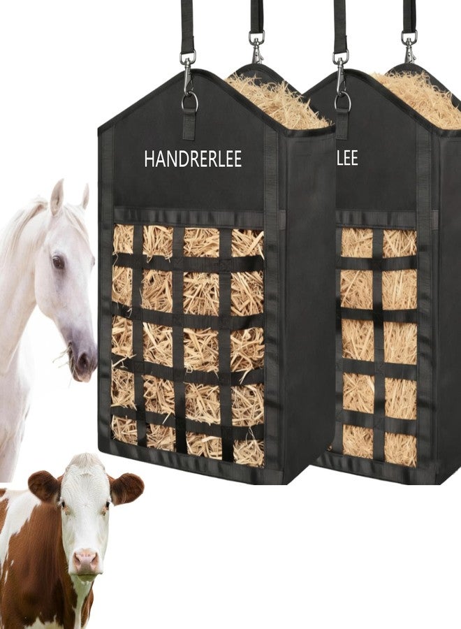 HANDRERLEE Hay Bags for Horses, 2PCS Slow Feed Hay Bags for Goats, Sheep, Donkey, Two-Sided Premium Oxford Hay Feed Bags and High Strength Metal Clasp, Easy to Hang with Adjustable Strap(Black, Large 2 Pack) - Image 1