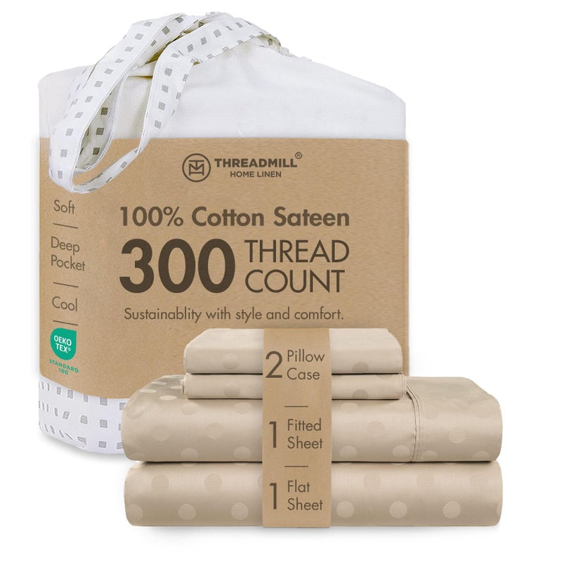 Threadmill Cotton Queen Sheet Set 100 Cotton Sheets for Queen Size Bed Damask Jacquard Queen Bed Sheets Set with 16 Deep Pocket Soft Sateen Weave 4Piece Cooling Bedding Set Beige