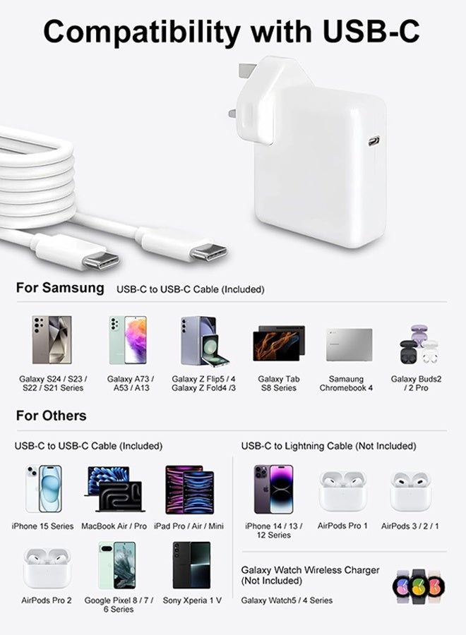 Wffo PD 118W Laptop Charger - Type C Macbook Pro/Macbook Air Fast Replacement Charger with 5.9ft/1.8M Type C to C Cable - Power Adapter Compatible for Apple iPad, MacBook Series, Huawei Matebook Series, iPhone 15 iPhone 16 Series, Samsung Galaxy S24 S25 Series Type C Interface - White - Image 2