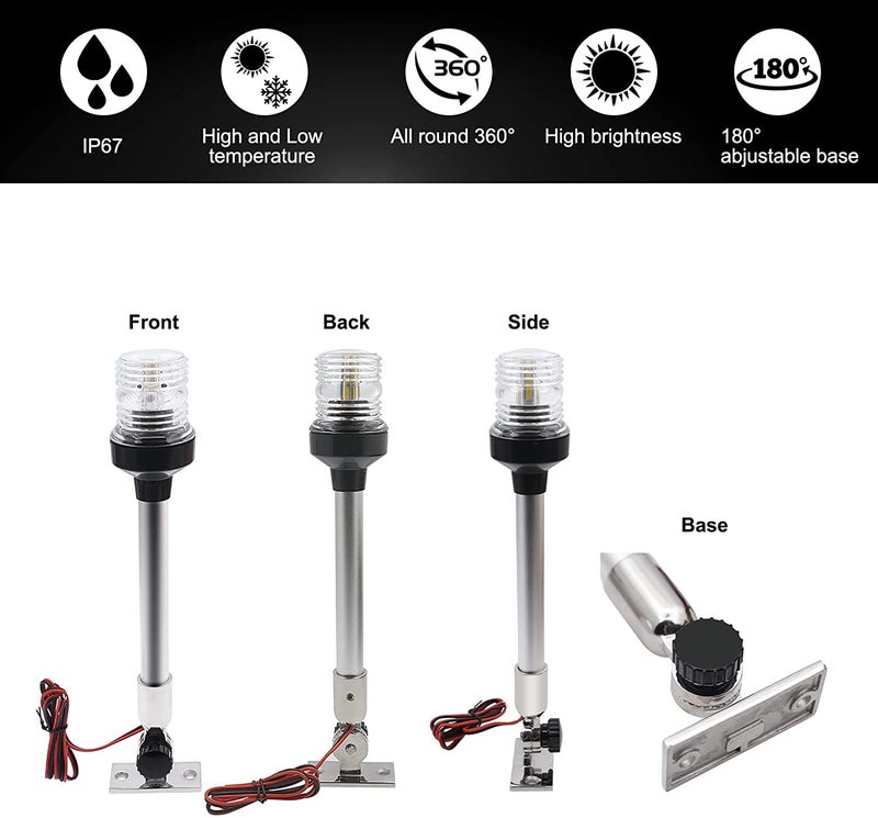 KAOLALI Boat Stern Light 12" Marine Navigation Light White LED Navigation Anchor Lights with Stainless Steel Bracket Waterproof All Round 360° Fold Down for Fishing Boat Yacht Pontoon 12V-24V - Image 3