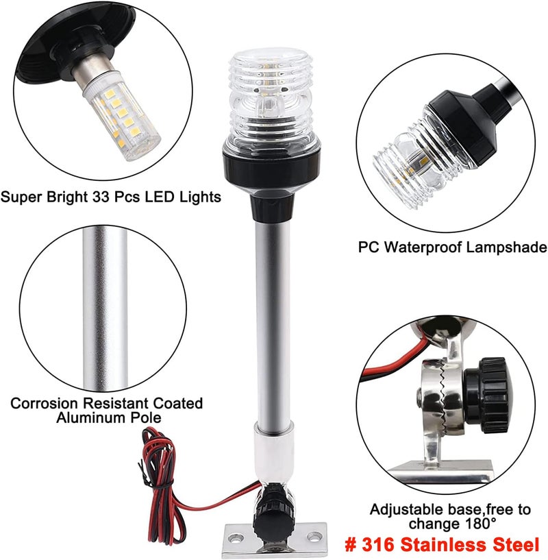 KAOLALI Boat Stern Light 12" Marine Navigation Light White LED Navigation Anchor Lights with Stainless Steel Bracket Waterproof All Round 360° Fold Down for Fishing Boat Yacht Pontoon 12V-24V - Image 2
