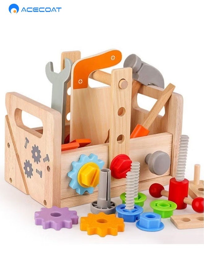 ACECOAT Wooden Tool Set For Kids, Montessori Wooden Tool Box With Saws, Screws, Hammers, Creative Construction Toys, Educational Gifts For Boys And Girls - Image 1