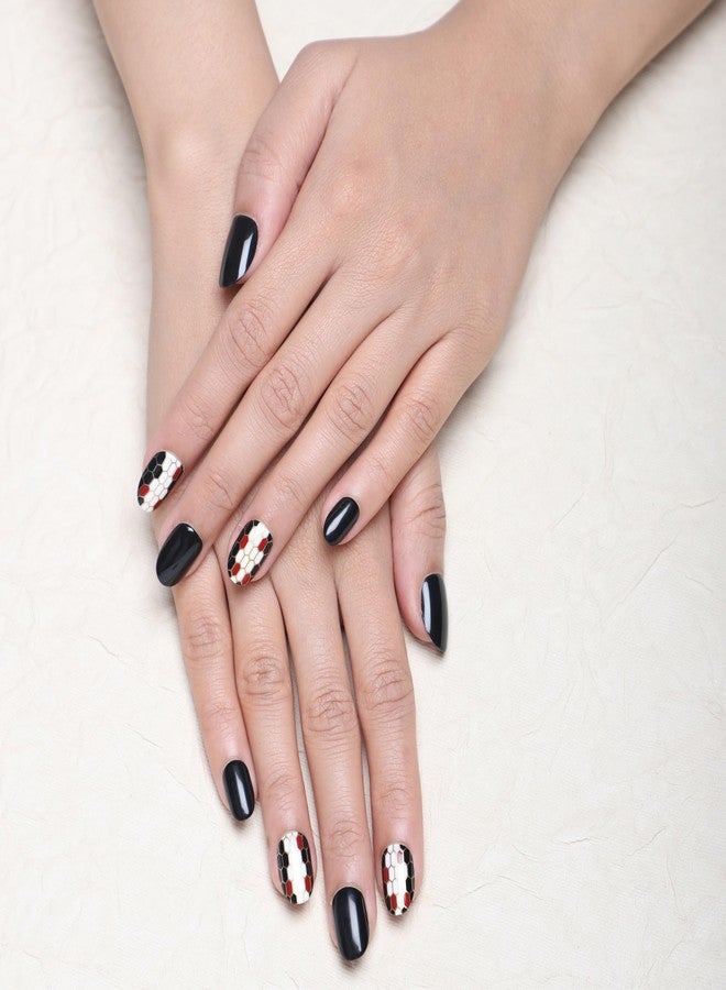 ليك أظافر ليك - قابلة لإعادة الاستخدام، مجموعة من 12 قطعة من الأظافر الاصطناعية/الزائفة/الأكريليك مع أدوات التركيب، شكل لوزي، أسود فاحم وأبيض مع خط ذهبي - Image 1