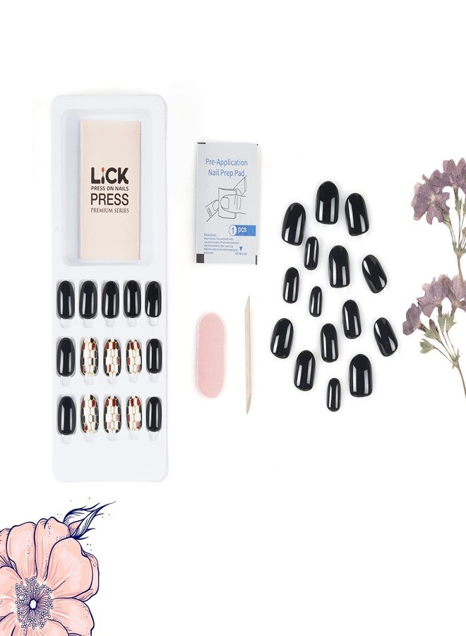 ليك أظافر ليك - قابلة لإعادة الاستخدام، مجموعة من 12 قطعة من الأظافر الاصطناعية/الزائفة/الأكريليك مع أدوات التركيب، شكل لوزي، أسود فاحم وأبيض مع خط ذهبي - Image 2