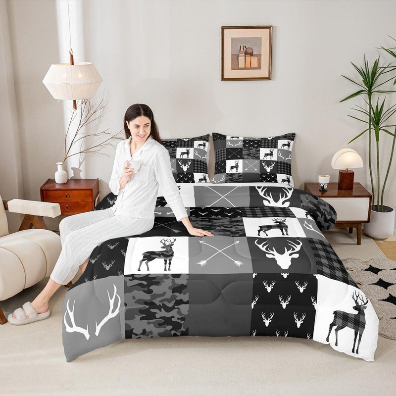 Camo Deer Boys Twin Comforter SetDeer Antlers Silhouette Black Grey Camouflage Quilt Set for Kids Adults Room DecorWild Animals Hunting Adventure Rustic ComforterGeometric Plaids Arrow Bedding Set