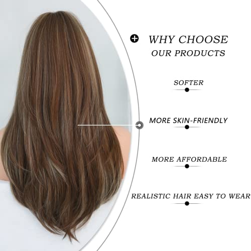 7JHH WIGS 7JHH باروكات باروكه شقراء عسلية مع غرة باروكات بنية طويلة للنساء، باروكات صناعية مقاومة للحرارة للاستخدام اليومي - Image 5