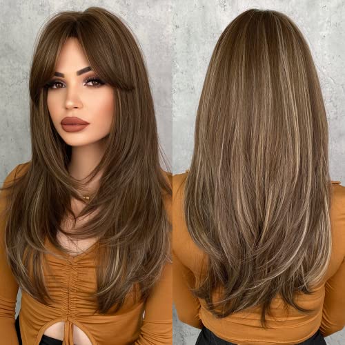 7JHH WIGS 7JHH باروكات باروكه شقراء عسلية مع غرة باروكات بنية طويلة للنساء، باروكات صناعية مقاومة للحرارة للاستخدام اليومي - Image 1