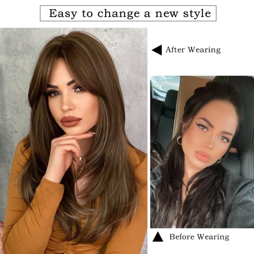 7JHH WIGS 7JHH باروكات باروكه شقراء عسلية مع غرة باروكات بنية طويلة للنساء، باروكات صناعية مقاومة للحرارة للاستخدام اليومي - Image 2
