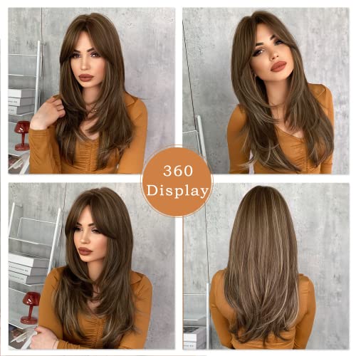 7JHH WIGS 7JHH باروكات باروكه شقراء عسلية مع غرة باروكات بنية طويلة للنساء، باروكات صناعية مقاومة للحرارة للاستخدام اليومي - Image 3