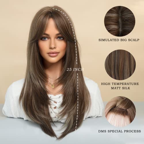 7JHH WIGS 7JHH باروكات باروكه شقراء عسلية مع غرة باروكات بنية طويلة للنساء، باروكات صناعية مقاومة للحرارة للاستخدام اليومي - Image 4