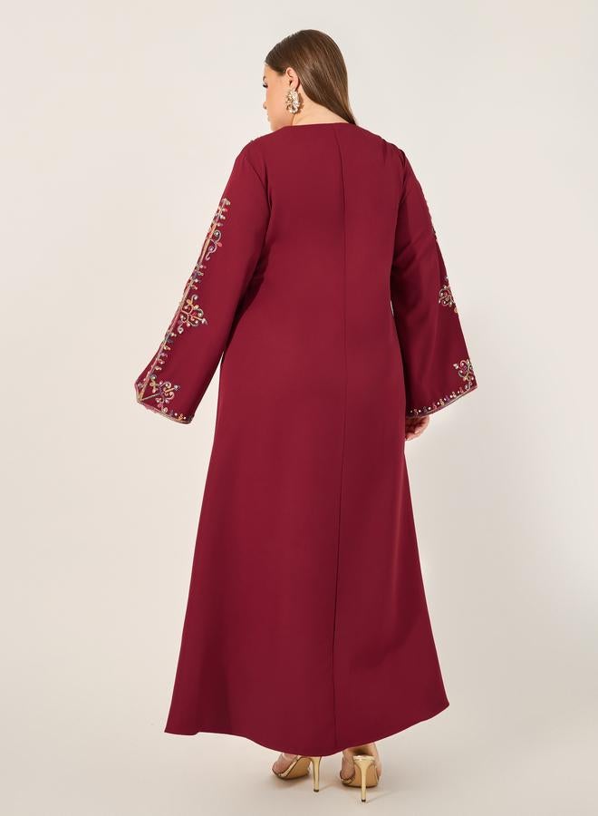 Amirah Amirah Burgundy Rhinestone Details Embroidered Maxi Jalabiya  - Image 5
