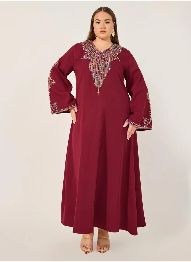 Amirah Amirah Burgundy Rhinestone Details Embroidered Maxi Jalabiya