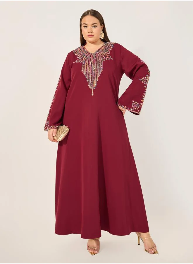 Amirah Amirah Burgundy Rhinestone Details Embroidered Maxi Jalabiya