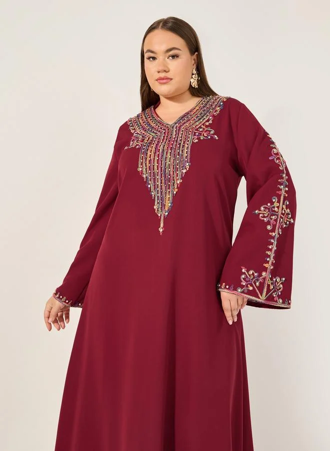 Amirah Amirah Burgundy Rhinestone Details Embroidered Maxi Jalabiya