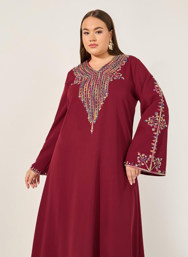 Amirah Amirah Burgundy Rhinestone Details Embroidered Maxi Jalabiya  - Image 3