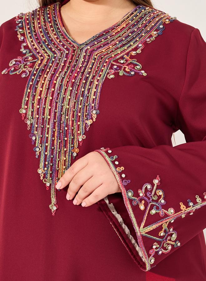 Amirah Amirah Burgundy Rhinestone Details Embroidered Maxi Jalabiya  - Image 4