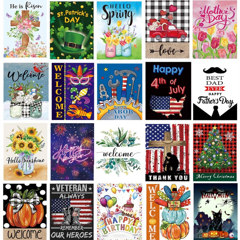 CDLong Seasonal Garden Flag Set of 20 - Double Sided 12 x 18 Inch Small Yard Flags for Outdoor Holiday Decorations, Spring, Easter, Summer, Winter, and All Season Garden Flags for Outside Decor - Image 1