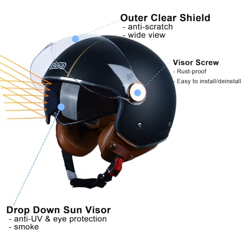 BEON خوذة دراجة نارية مفتوحة للبالغين، معتمدة من DOT، خوذة فيسبا ريترو 3/4، نظارات مزدوجة للرجال والنساء، كاسكو لدراجة مومبيد كروزر بوبير وتشوبر (L، خطوط ذهبية غير لامعة) - Image 3