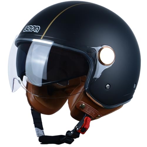 BEON خوذة دراجة نارية مفتوحة للبالغين، معتمدة من DOT، خوذة فيسبا ريترو 3/4، نظارات مزدوجة للرجال والنساء، كاسكو لدراجة مومبيد كروزر بوبير وتشوبر (L، خطوط ذهبية غير لامعة) - Image 1