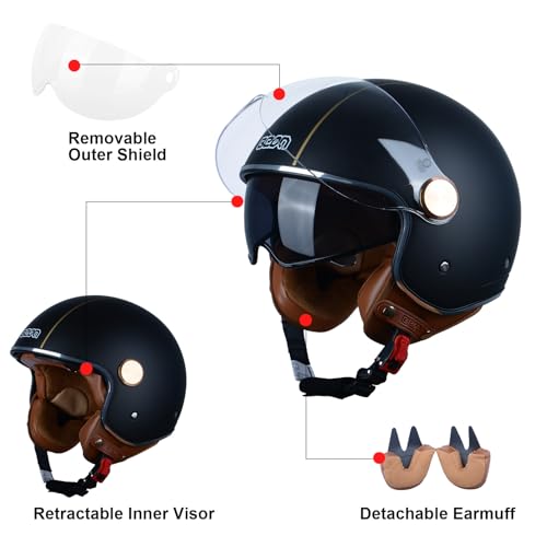 BEON خوذة دراجة نارية مفتوحة للبالغين، معتمدة من DOT، خوذة فيسبا ريترو 3/4، نظارات مزدوجة للرجال والنساء، كاسكو لدراجة مومبيد كروزر بوبير وتشوبر (L، خطوط ذهبية غير لامعة) - Image 5