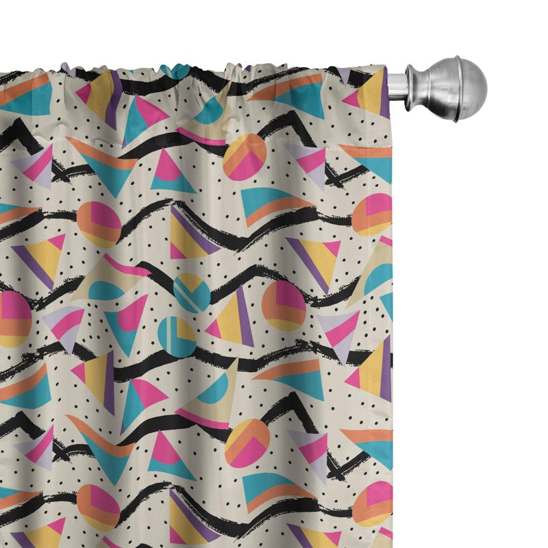 Ambesonne Vintage Window Curtains Pack of 2  Vintage 80s Style Geometrical Pattern with Triangles and Circles in Memphis Fashion  Lightweight Set with Rod Pocket  4 Panels of - 28"" x 84""  Pink - Image 1