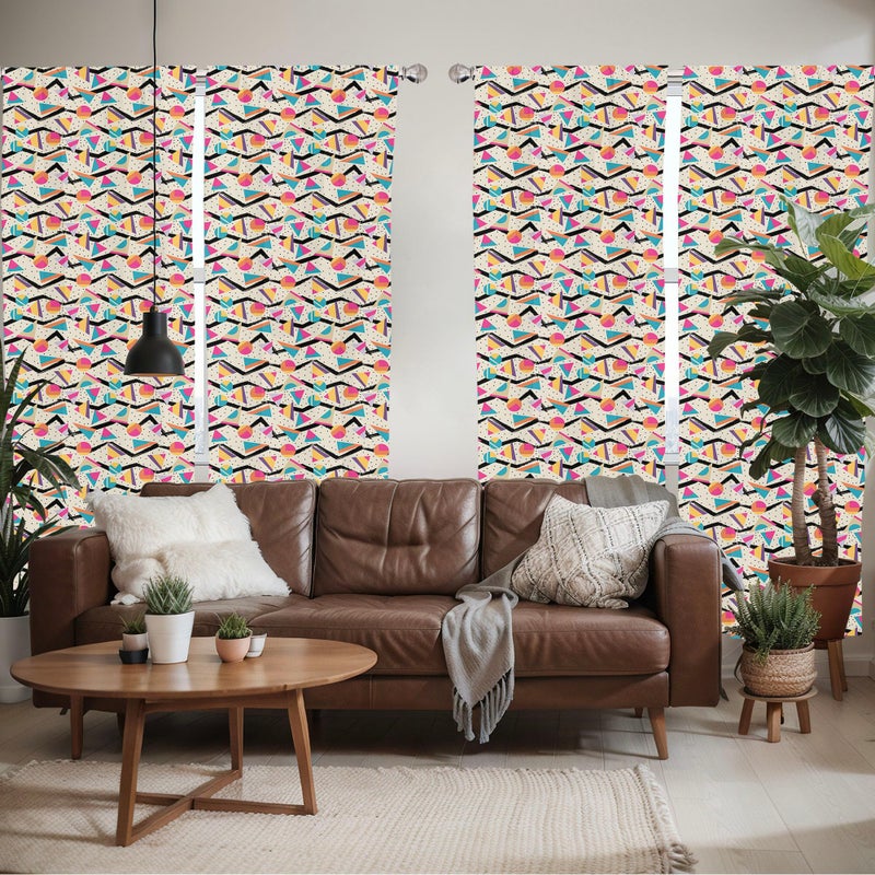 Ambesonne Vintage Window Curtains Pack of 2  Vintage 80s Style Geometrical Pattern with Triangles and Circles in Memphis Fashion  Lightweight Set with Rod Pocket  4 Panels of - 28"" x 84""  Pink - Image 5