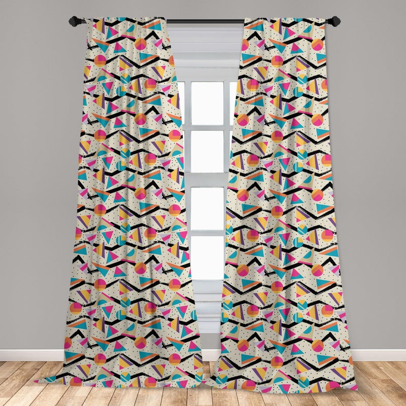 Ambesonne Vintage Window Curtains Pack of 2  Vintage 80s Style Geometrical Pattern with Triangles and Circles in Memphis Fashion  Lightweight Set with Rod Pocket  4 Panels of - 28"" x 84""  Pink - Image 3
