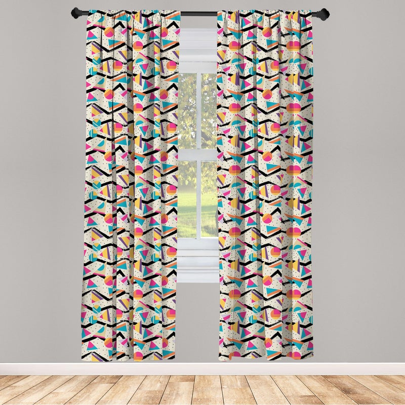 Ambesonne Vintage Window Curtains Pack of 2  Vintage 80s Style Geometrical Pattern with Triangles and Circles in Memphis Fashion  Lightweight Set with Rod Pocket  4 Panels of - 28"" x 84""  Pink - Image 2
