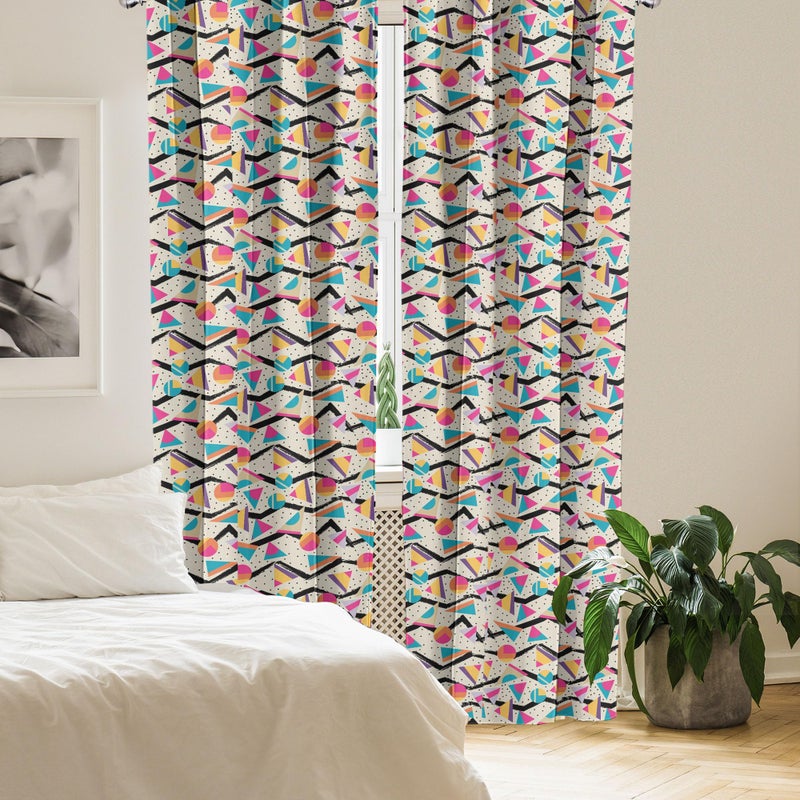 Ambesonne Vintage Window Curtains Pack of 2  Vintage 80s Style Geometrical Pattern with Triangles and Circles in Memphis Fashion  Lightweight Set with Rod Pocket  4 Panels of - 28"" x 84""  Pink - Image 4